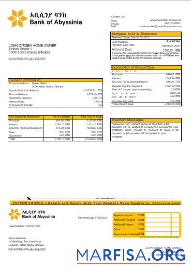 Realistic Ethiopia Bank of Abyssinia bank mortgage statement scr template